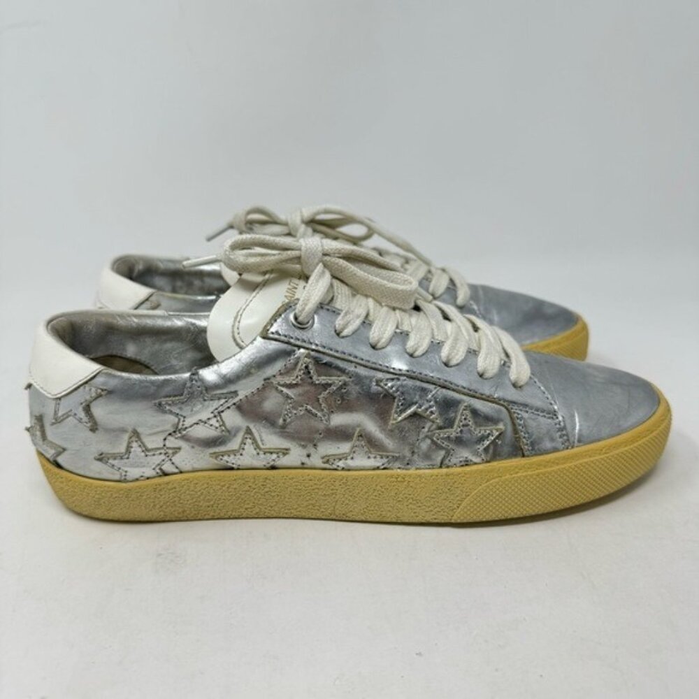Authentic SAINT LAURENT metallic Leather Low-Top Sneakers size 38.5